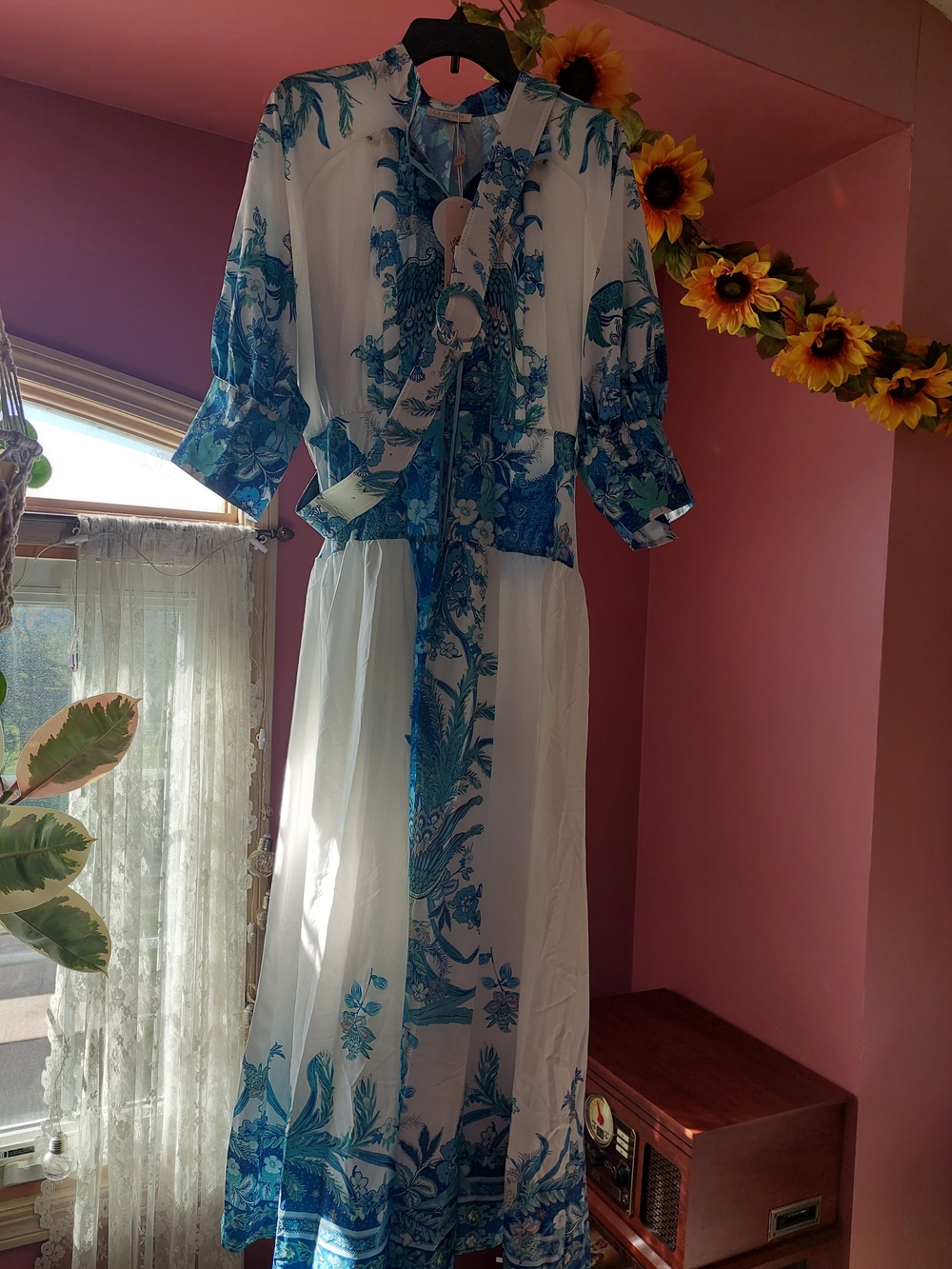 Blue and White Peacock Floral Maxi Dress